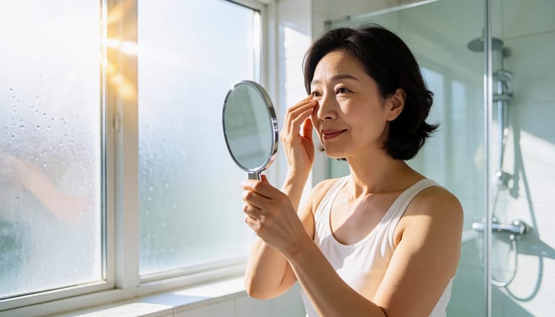 거울로 눈 주변 피부 상태를 살펴보는 여성
