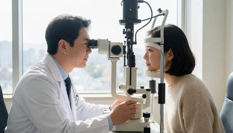 안과에서 세극등 검사를 받는 환자와 의사