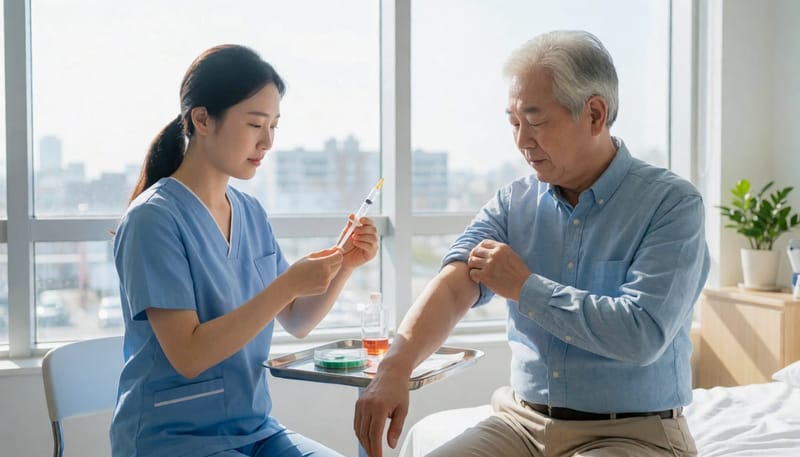 진료실에서 예방접종을 준비하는 간호사와 환자