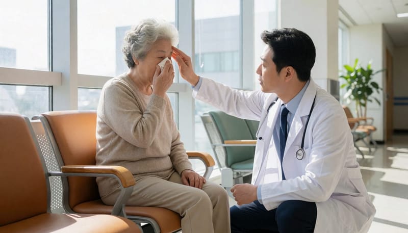 병원 대기실에서 눈 주위를 짚은 노년 여성을 살피는 의사