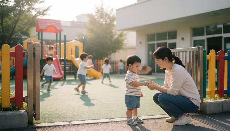 늦여름 어린이집 마당에서 아이 손과 입을 살펴보는 엄마