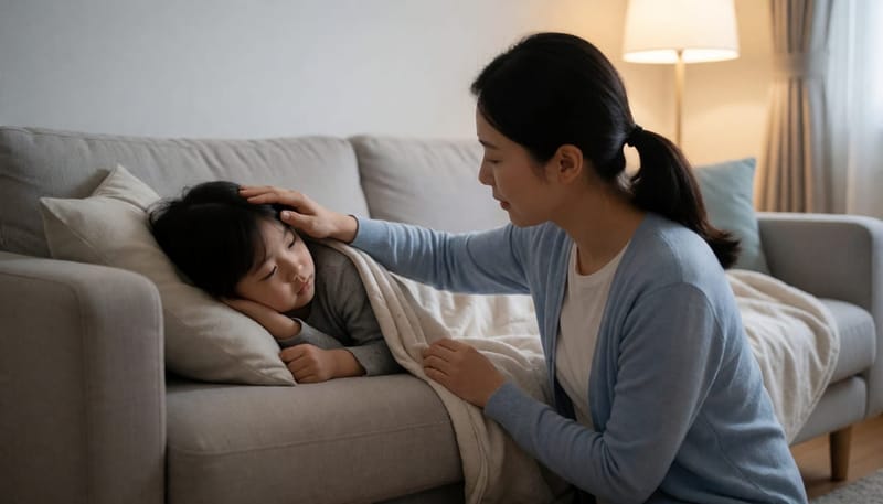 고열 후 처진 아이의 이마를 짚어보는 엄마