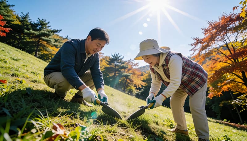 성묘와 벌초를 위해 산소 주변 풀을 정리하는 중년 남성과 노모의 모습