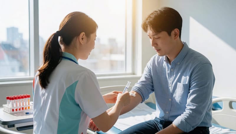 병원에서 혈액 검사를 위해 채혈하는 간호사와 환자
