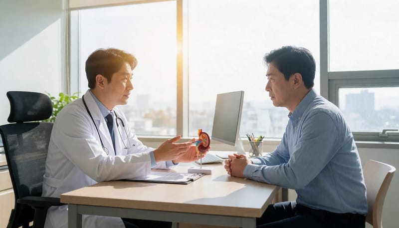 콩팥 모형을 두고 환자에게 증상 경과를 설명하는 의사
