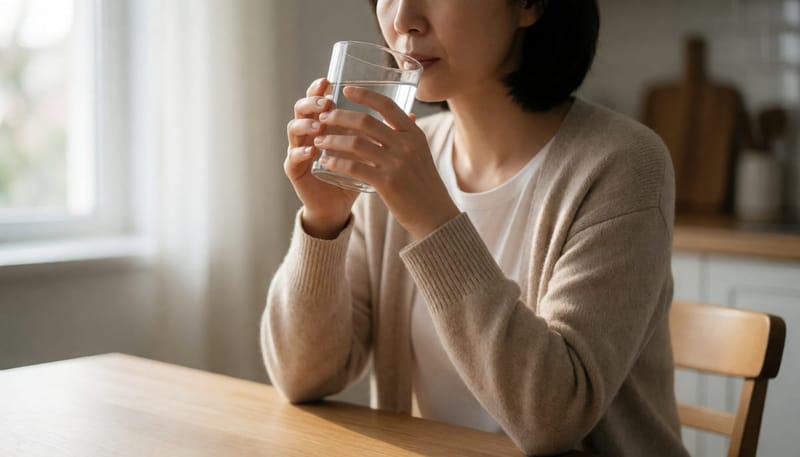 물을 마시며 딸꾹질을 멈추려는 여성