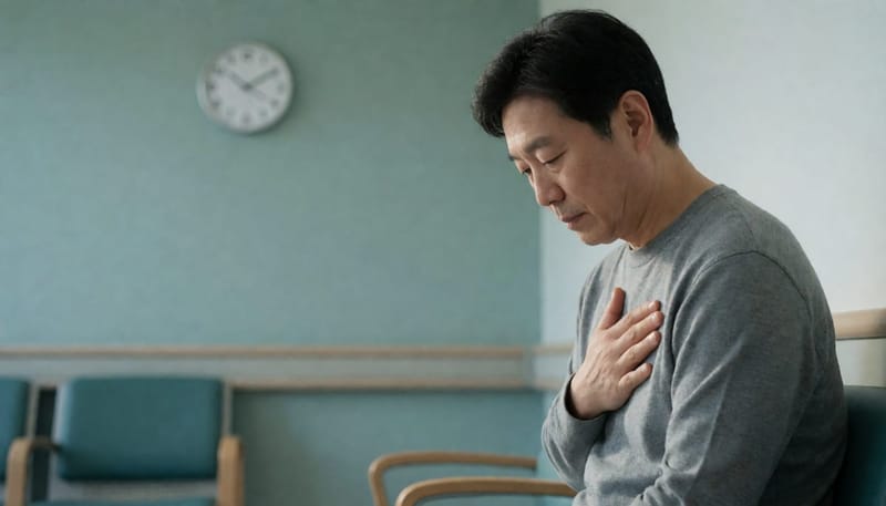 딸꾹질 지속 시간을 걱정하며 병원 대기실에 앉은 남성