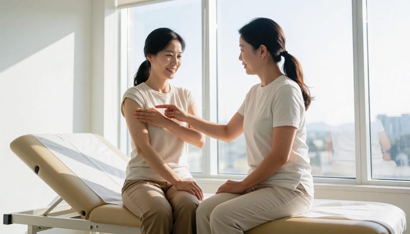 겨드랑이 아래를 손으로 짚으며 통증을 느끼는 여성