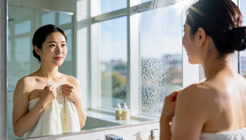 샤워 후 거울 앞에서 겨드랑이를 살피는 여성