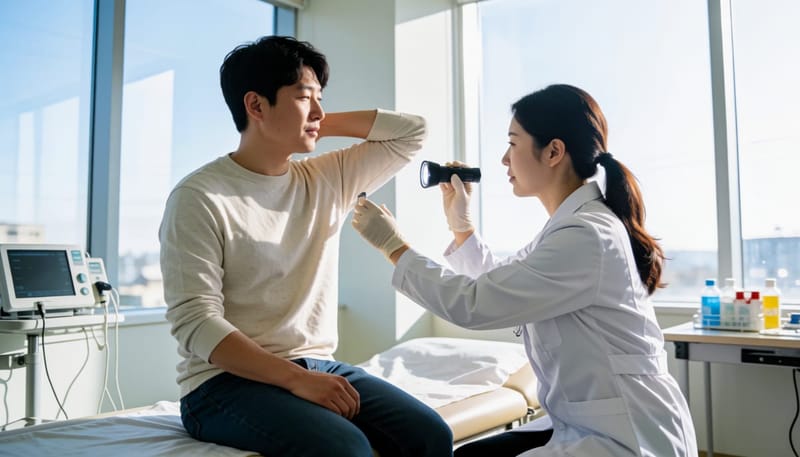 의사가 플래시라이트로 겨드랑이 멍울을 진찰하는 모습