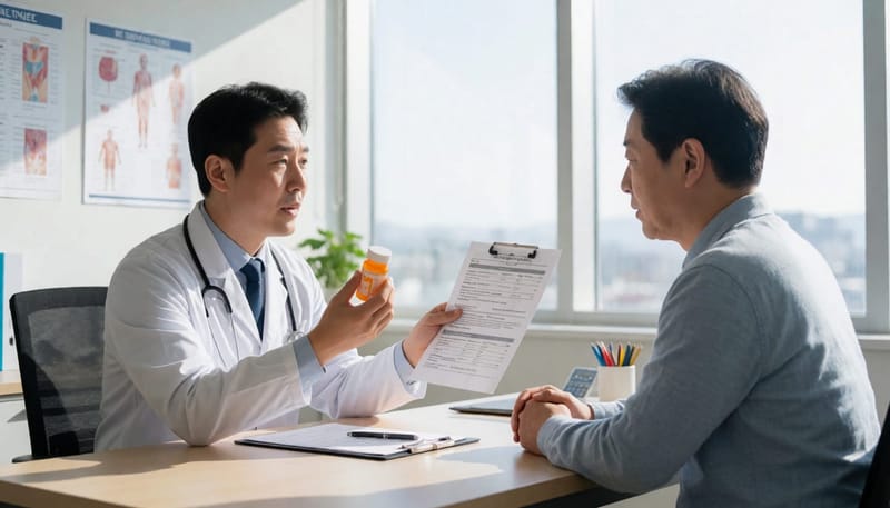항생제와 수술 중 치료 방법을 설명하는 의사와 환자