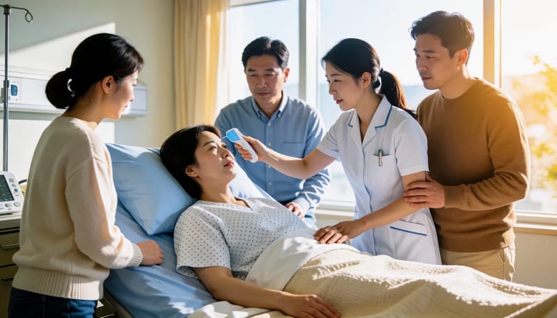 발열 증상으로 병원에서 체온을 확인받는 환자