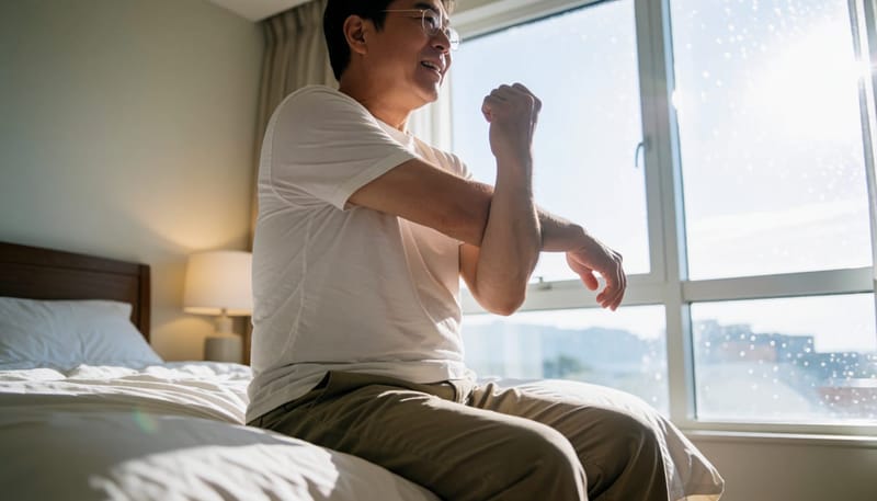 이른 아침 침대에서 허리를 짚으며 몸 상태를 살피는 남성