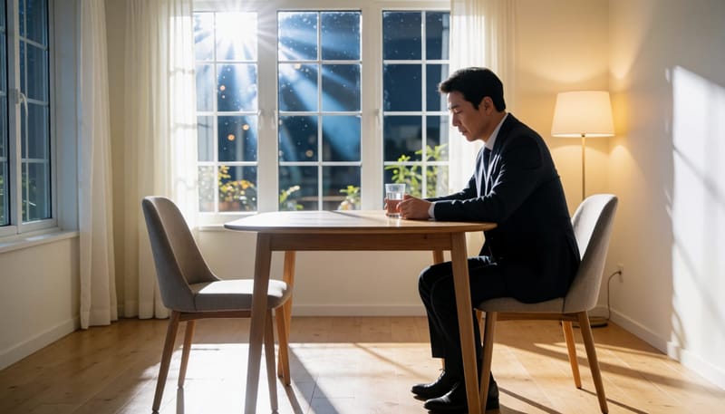회식을 마치고 늦은 밤 홀로 식탁에 앉아 생각에 잠긴 남성