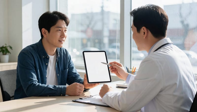 진료실에서 의사가 태블릿을 가리키며 환자에게 설명하는 모습