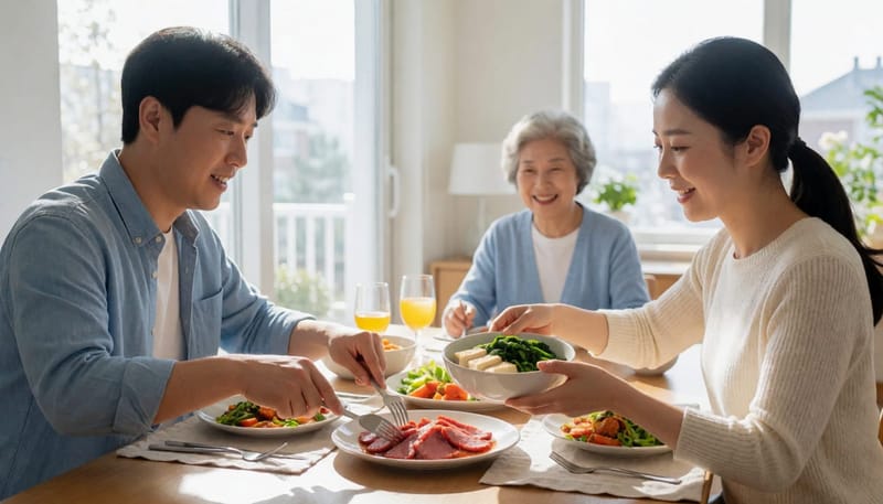 고기 대신 채소와 두부 반찬을 챙기는 가족의 저녁식사 모습