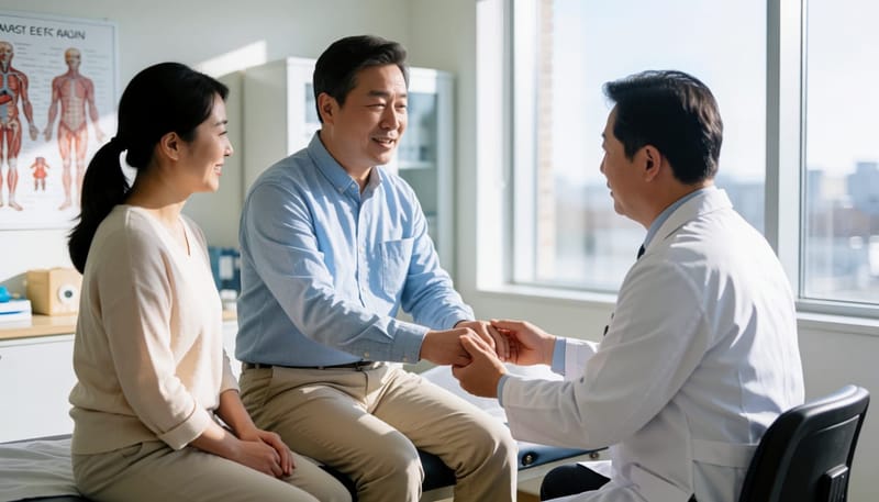 붓고 아픈 발가락 관절을 의사에게 진찰받는 남성