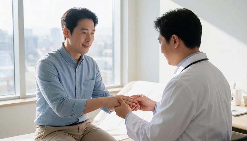 진료실에서 의사가 환자의 손끝 상태를 살펴보는 모습