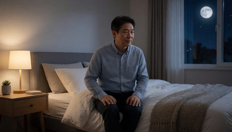 밤에 침대에 앉아 엉덩이 옆쪽 통증으로 괴로워하는 남성