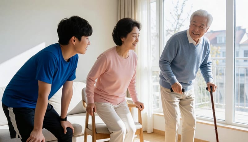 청소년, 중년, 노년 세 세대가 각기 다른 고관절 통증을 겪는 모습