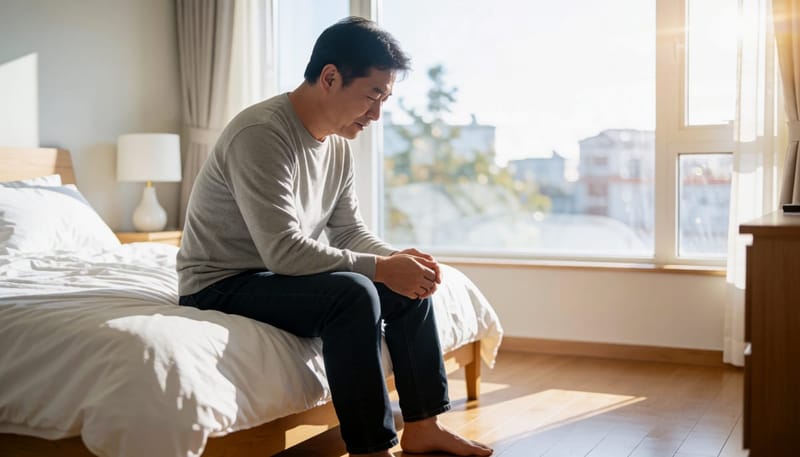 침대에 걸터앉아 일어서기 전 고관절 움직임을 확인하는 남성