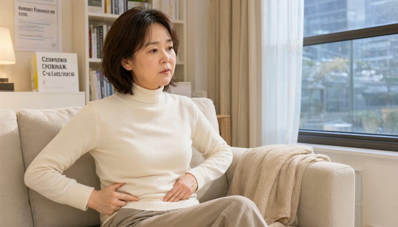 환절기 쌀쌀한 날 다리를 움직이다 고관절 앞쪽을 짚으며 불편해하는 중년 여성