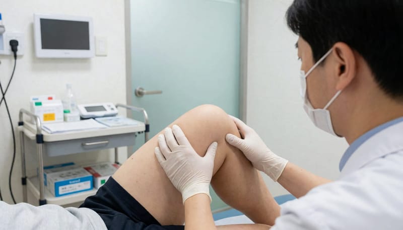 검사실에서 무릎을 구부려 안쪽으로 돌리며 고관절 충돌 유발 검사를 하는 손