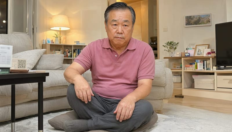 양반다리로 앉아 고관절 앞쪽을 짚으며 애매한 표정을 짓는 남성