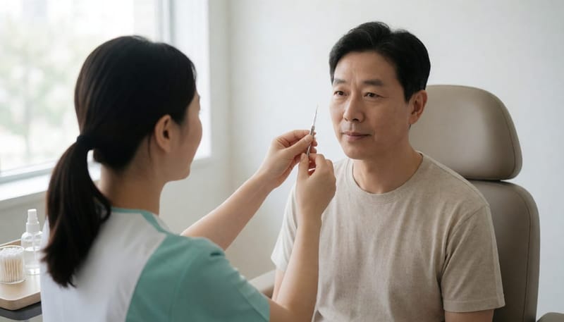 진료실에서 간호사가 환자의 코 상태를 검사하는 모습