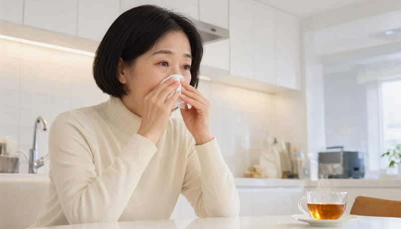 환절기 아침, 코막힘과 재채기로 하루를 시작하는 모습