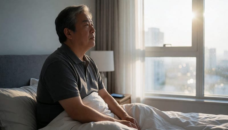 밤늦게까지 잠들지 못하고 뒤척이는 모습은 만성 불면증에서 흔히 나타나는 장면입니다.