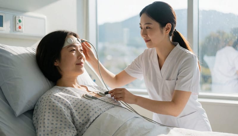 수면다원검사는 전극을 부착해 밤새 뇌파와 호흡, 근육 움직임을 기록하는 검사입니다.