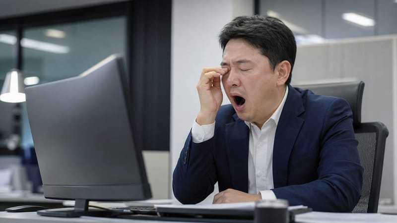 수면 부족으로 사무실에서 졸음을 느끼는 모습