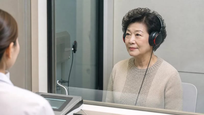 방음부스에서 순음청력검사를 받는 모습