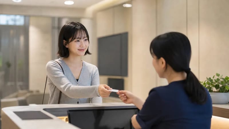 접수처에서 건강보험 적용 여부를 안내받는 모습