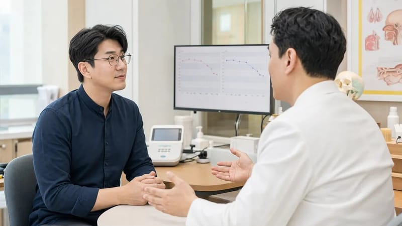 이비인후과 진료실에서 청력검사 결과를 상담하는 모습