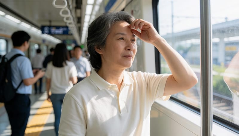출근길 지하철에서 순간적인 회전감을 느끼는 모습