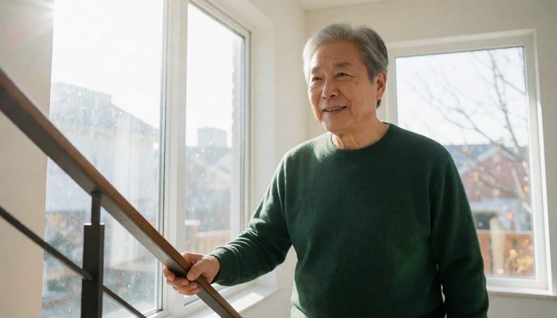 계단에서 순간적인 어지럼을 느끼며 난간을 붙잡은 모습입니다.