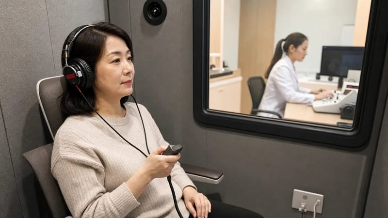 방음부스에서 순음청력검사를 받는 모습