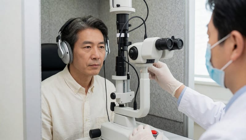 순음청력검사는 방음 부스 안에서 여러 음높이의 소리를 듣고 반응하는 방식으로 진행됩니다.