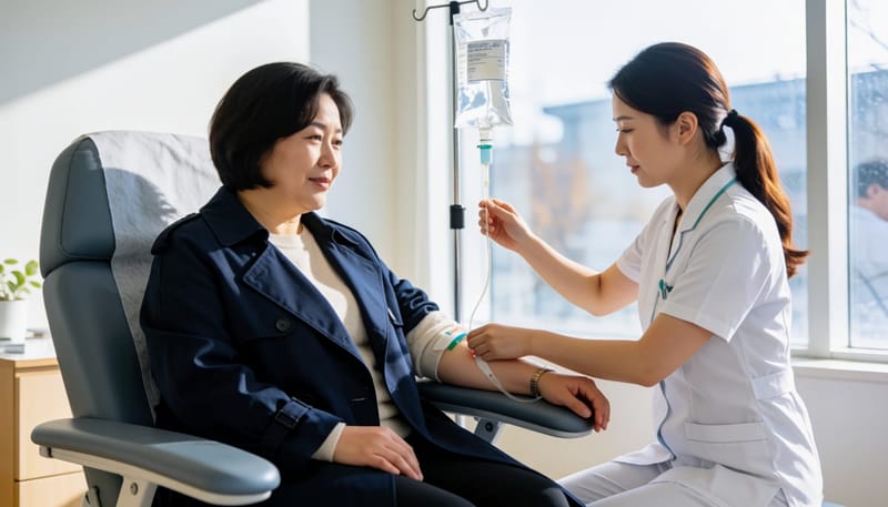 수액을 맞는 동안 몸 상태를 점검하는 모습