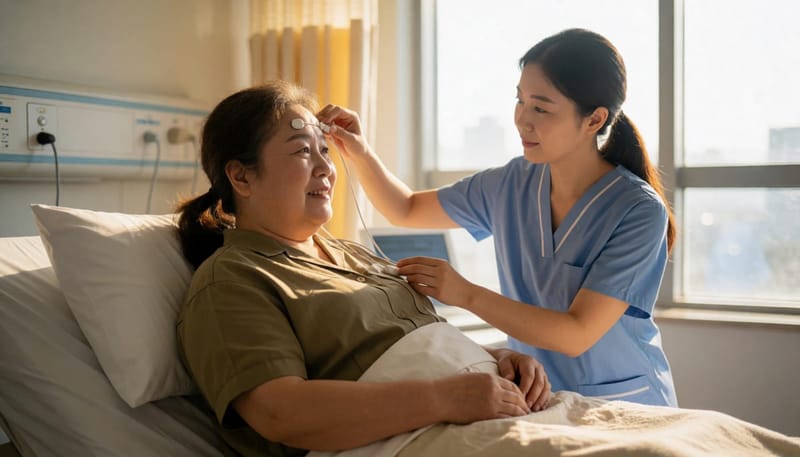 수면다원검사는 센서를 부착한 채 하룻밤을 보내며 뇌파와 호흡을 함께 기록합니다.