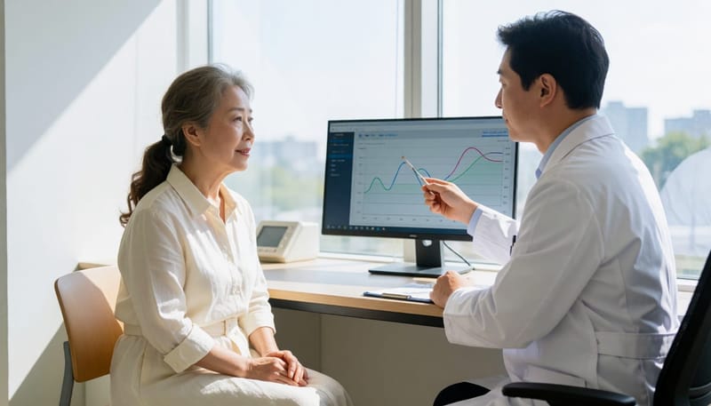 수면다원검사 결과를 상담하는 모습으로, 코골이와 무호흡 동반 여부를 함께 확인합니다.
