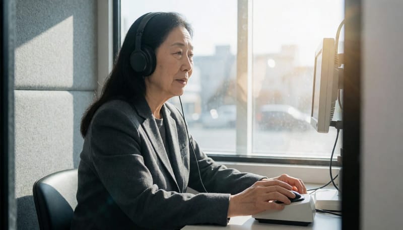 방음 부스 안에서 순음청력검사를 받는 모습입니다.