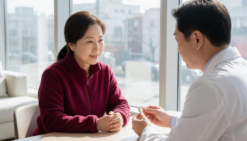 보청기 상담을 받는 모습입니다. 생애주기와 청력 저하 정도에 따라 선택 기준이 달라집니다.