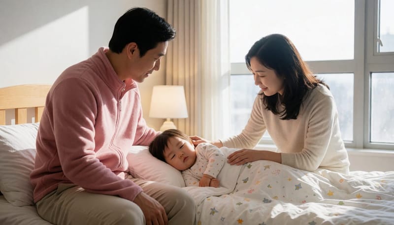 한밤중 귀 통증으로 보채는 아이를 살피는 보호자