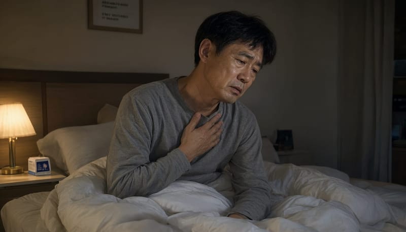 야간에 잠을 설치며 뒤척이는 고령층의 모습