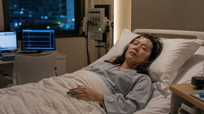 수면다원검사는 하룻밤 동안 뇌파와 호흡 등 여러 신호를 함께 기록합니다.