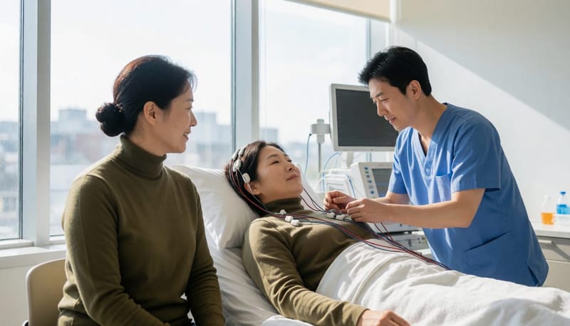 수면다원검사는 전극을 부착한 상태로 하룻밤 동안 수면 상태를 기록하는 방식으로 진행됩니다.