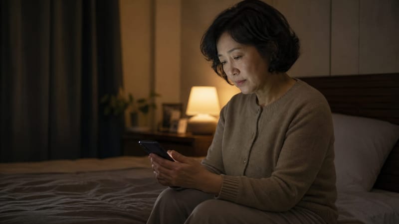 늦은 밤까지 스마트폰을 보며 뒤척이는 모습은 수면장애의 흔한 배경 중 하나입니다.